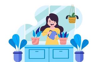 mujer jardinería en casa vector