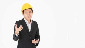Asian male construction engineer follow up construction progress and unhappy photo
