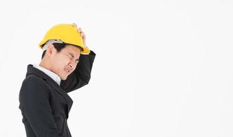 Asian male construction engineer follow up construction progress and unhappy photo