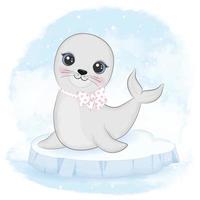 Cute baby seal on ice floe animal watercolor illustration vector