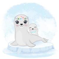 linda cría de foca y mamá en témpano de hielo vector