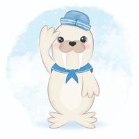 Cute walrus sailor cartoon arctic animal watercolor illustration vector