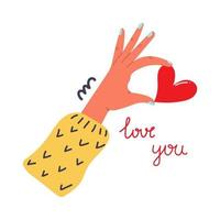 Hand holding little red heart text Love You Hand drawn flat illustration Valentines day concept vector