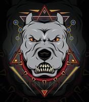 plantilla de diseño de emblema de bulldog. Bulldog en collar con pinchos sobre fondo negro grunge. vector