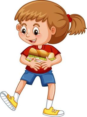 Happy girl cartoon character hugging food sandwich