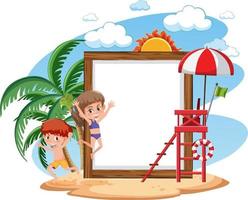 Empty banner template with kids character on summer vacation at the beach on white background vector