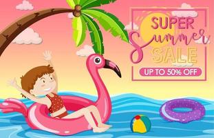 banner de venta de súper verano con una niña feliz en la playa vector