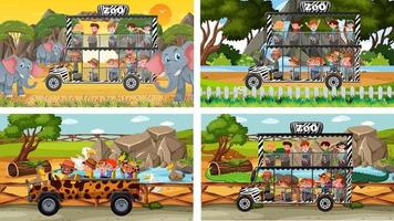 Set of different safari scenes with animals and kids cartoon character vector