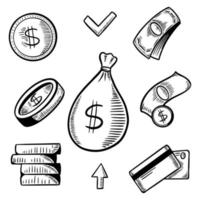 money coin set doodle retro illustration