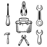 conjunto de herramientas de trabajo caja ilustración vectorial dibujado a mano