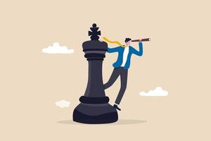 Business planning strategy, leadership vision to make decision, management or business opportunity concept, business man leader standing on king chess piece using telescope to see business vision. vector