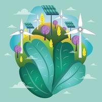 Ecología turbina eólica y plantilla de energía de paneles solares. vector