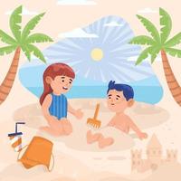 Boy and Girl Play Sand at The Beach During Summer Holiday Concept vector