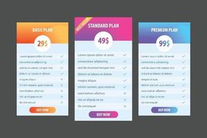 Pricing table with basic standard and premium plans vector