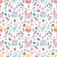 Easter seamless pattern. A pattern with chickens decorated with eggs, cakes, and feathers. Design for textiles, packaging, wrappers, web, printing. Vector flat illustration
