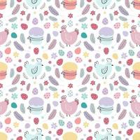 Easter seamless pattern. A pattern with chickens decorated with eggs, cakes, and feathers. Design for textiles, packaging, wrappers, web, printing. Vector flat illustration