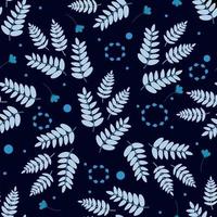 Scandinavian style. Pattern of leaves, branches, twigs in cold blue winter color. Hand drawn vector flat illustration