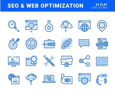 conjunto de iconos de líneas planas de optimización web y seo. conceptos vectoriales para el diseño y desarrollo de sitios web y aplicaciones. vector