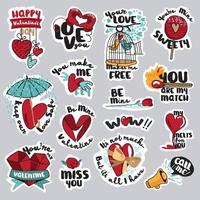 Set of sweet and funny signs and stickers for social network, web design, mobile messages, social media, online communication, cards and printed material. Vector illustrations for Valentine day, wedding, love messages.