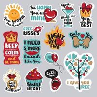 conjunto de letreros y pegatinas dulces y divertidos para redes sociales, diseño web, mensajes móviles, redes sociales, comunicación online, tarjetas y material impreso. ilustraciones de vectores para el día de San Valentín, bodas, mensajes de amor.