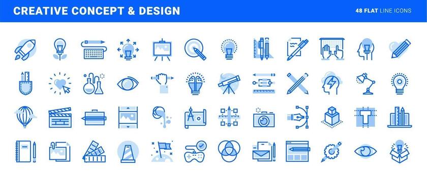 conjunto de iconos de líneas planas de diseño y concepto creativo. conceptos vectoriales para el diseño y desarrollo de sitios web y aplicaciones. vector