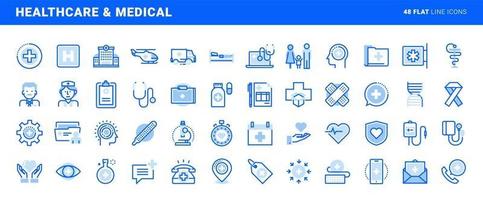 conjunto de iconos de líneas planas de salud y medicina. conceptos vectoriales para el diseño y desarrollo de sitios web y aplicaciones. vector