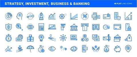 conjunto de iconos de líneas planas de estrategia, inversión, negocios y banca. conceptos vectoriales para el diseño y desarrollo de sitios web y aplicaciones. vector