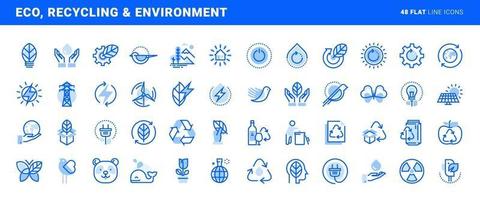Set of flat line icons of environment, green technology, renewable energy, recycling. Vector concepts for website and app design and development.