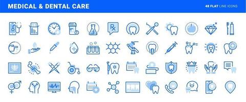 conjunto de iconos de líneas planas de atención médica y dental. conceptos vectoriales para el diseño y desarrollo de sitios web y aplicaciones. vector