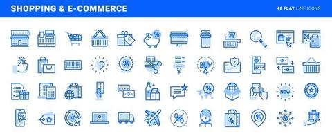 conjunto de iconos de línea plana de compras y comercio electrónico. conceptos vectoriales para el diseño y desarrollo de sitios web y aplicaciones. vector