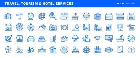 conjunto de iconos de líneas planas de viajes, turismo y servicios hoteleros. conceptos vectoriales para el diseño y desarrollo de sitios web y aplicaciones. vector