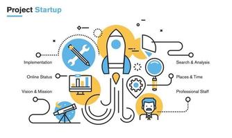 Ilustración de línea plana del proceso de inicio del proyecto, desarrollo de nuevos productos y servicios desde la idea hasta la implementación. concepto de vector de diseño moderno para banners web y materiales impresos, aislado sobre fondo blanco.