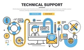 concepto de ilustración vectorial moderna de estilo de diseño de línea plana para soporte técnico, centro de llamadas, servicio en línea, comentarios, asistencia al cliente, ayuda las 24 horas, comunicación, para sitio web y banner de sitio web móvil y página de destino. vector