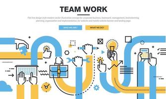 Flat line design style modern vector illustration concept for corporate business, teamwork, management, brainstorming, planning, organization and implementation, for website and mobile website banner and landing page.