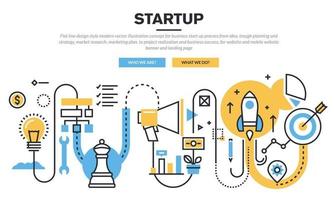 concepto de ilustración de vector moderno de estilo de diseño de línea plana para el proceso de inicio de negocios desde la idea, la planificación y la estrategia a través, la investigación de mercado, el plan de marketing hasta la realización del proyecto y el éxito empresarial.