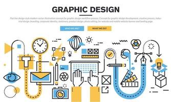 Ilustración de línea plana del proceso de diseño desde la definición del problema, pasando por la investigación, la lluvia de ideas y el análisis hasta la presentación de ideas, mejorando el diseño y el desarrollo de productos. concepto de vector de diseño moderno para banners web y material impreso.