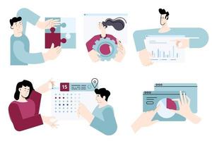 Set of flat design people concepts for business solution, management, analysis and planning, project development. Vector illustrations for graphic and web design, business presentation, marketing.