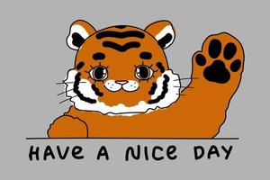 lindo doodle animalito tigre con ilustración de niño tiene un texto de buen día para la tarjeta vector