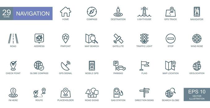 Navigation, location, GPS elements - thin line web icons set. Vector