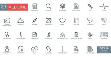 conjunto de iconos de web de línea delgada. símbolos de medicina y salud. vector