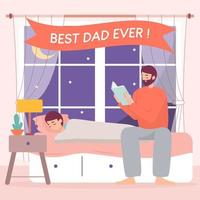 feliz día del padre, padre leyendo un cuento antes de dormir para su hijo vector