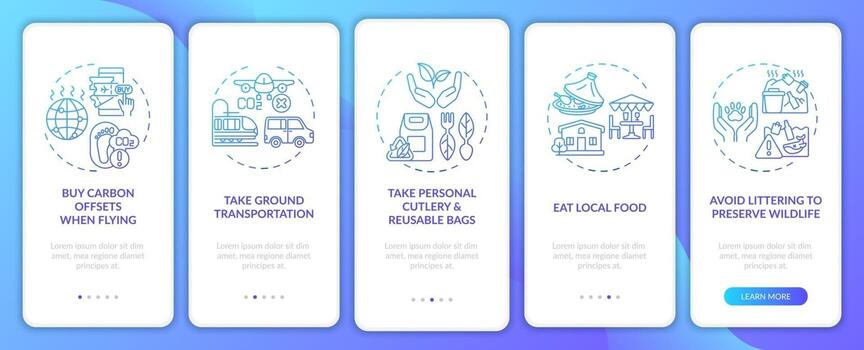 Sustainable tour tips onboarding mobile app page screen with concepts vector