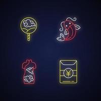 Asian traditions neon light icons set vector