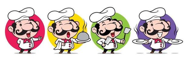 Sonriente chef italiano con gran bigote sosteniendo utensilios de cocina vector