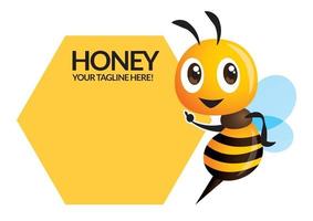 abeja linda de dibujos animados apuntando al letrero de nombre comercial vector
