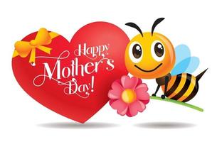Cartoon cute bee holding pink flower with mothers day big love shape greeting signboard