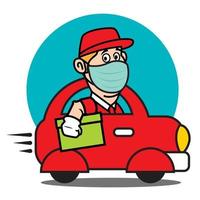 Delivery man wears protected face mask driving a red mini car for delivery the parcel with speed during pandemic