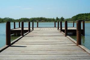 Puente de madera en el lago con árboles y línea horizontal en segundo plano. foto