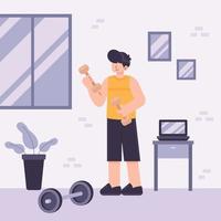 Man exercise independently at home vector