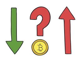 Cartoon Vector Illustration of Cryptocurrency Bitcoin With Question Mark and Up Down Arrows